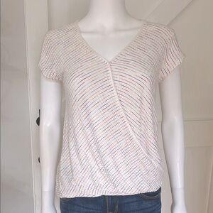 Anthropologie Maeve Rainbow Striped Wrap Front Knit Short Sleeve High Low Top